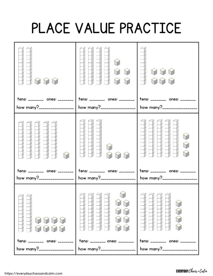 Second grade practice test worksheet focused on place value concepts