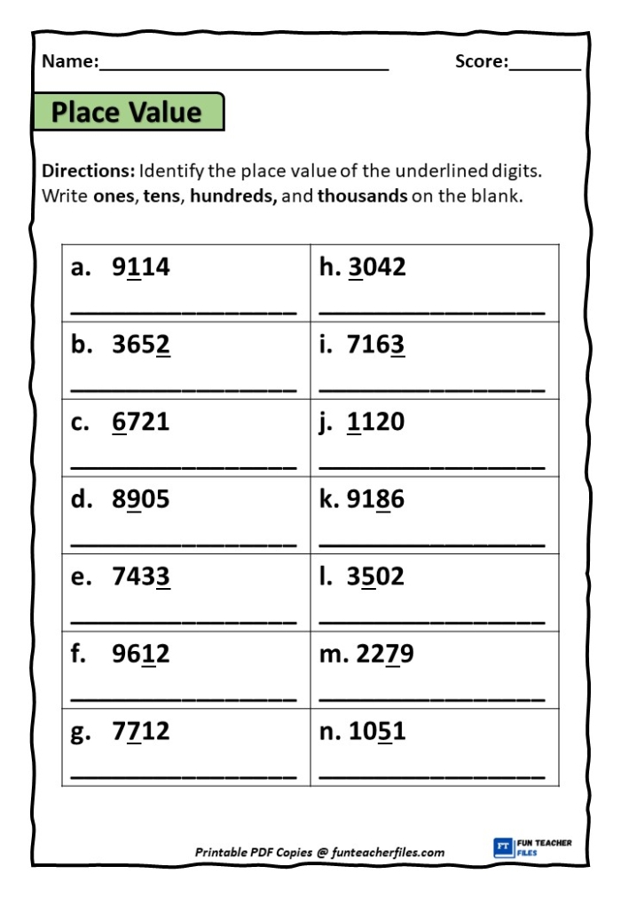 Second grade practice test worksheet on place value concepts