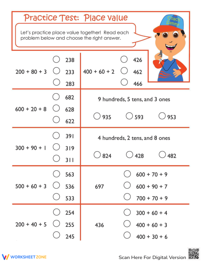 Second grade math worksheet featuring place value practice problems