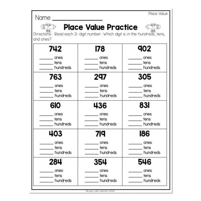 Place Value Test Worksheet Number 7 for Grade 2 Math Students Second grade place value test worksheet focusing on hundreds tens and ones columns