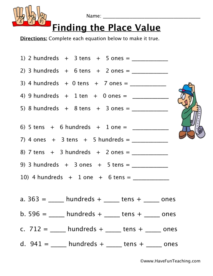 Find the Place Value worksheet for grade 2 review Worksheet for testing place value understanding in second graders
