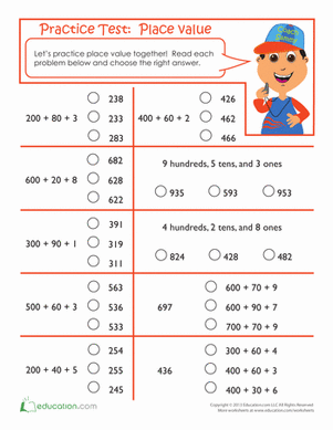 Place Value Test Worksheet for Second Grade Math Practice 3 Second grade math worksheet featuring a place value test for hundreds tens and ones