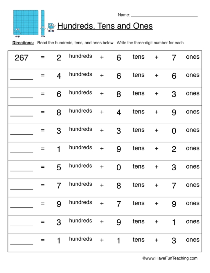 Hundreds, tens, and ones blocks for second-grade place value practice