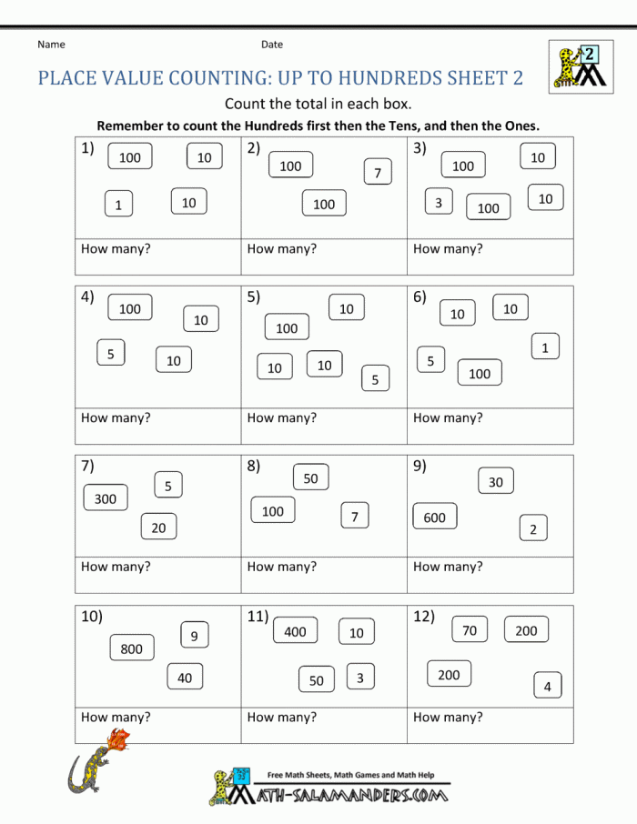Second grade math worksheet featuring a quick place value practice test for building number sense