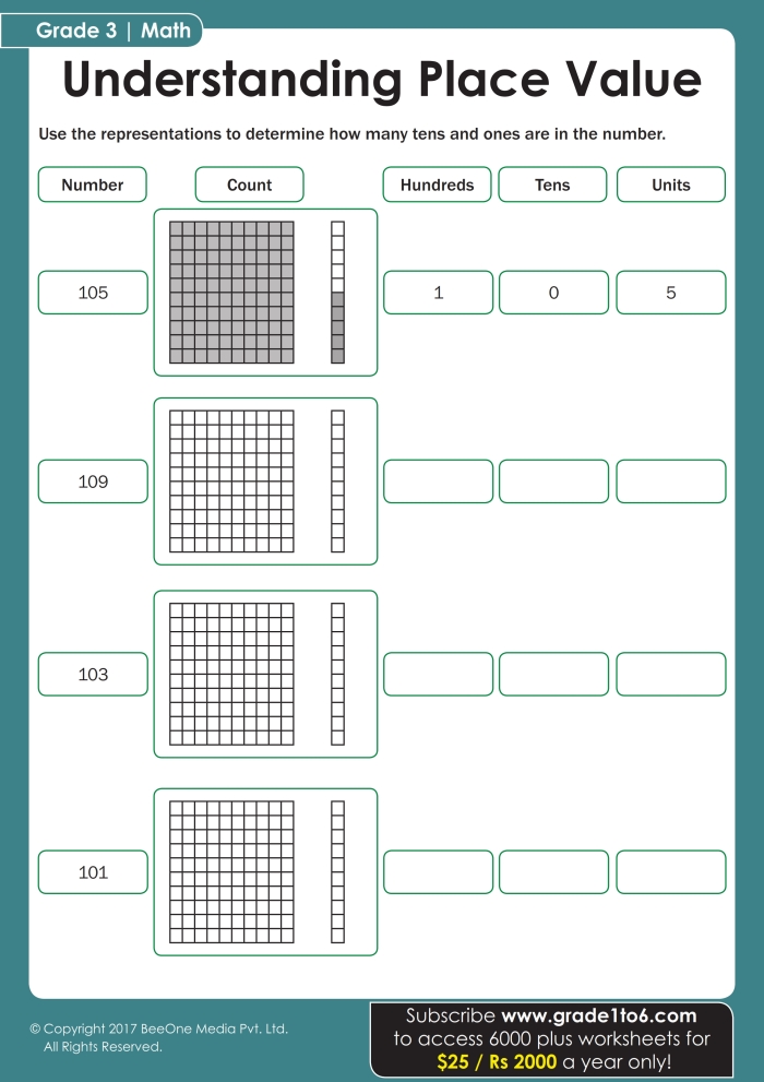 A colorful worksheet featuring hundreds, tens, and ones blocks for second graders to practice place value concepts