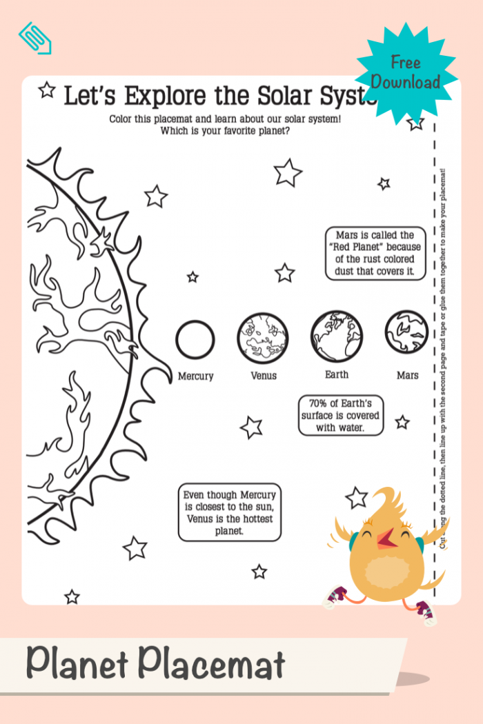 Educational and fun placemat design encouraging data and graphing skills through planet coloring activities Colorful Planet Activity Placemat worksheet for second graders featuring facts about the solar system's nine planets