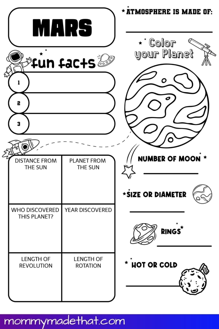 Engaging educational worksheet designed for data and graphing activities in second grade classrooms Colorful Planet Activity Placemat worksheet for second graders featuring facts about the solar system's nine planets