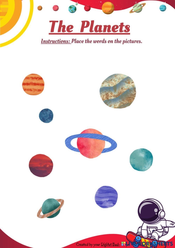 Engaging worksheet image for data and graphing activities in the second-grade classroom Colorful Planet Activity Placemat worksheet for second graders featuring facts about the nine planets