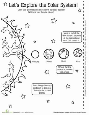 Engaging educational placemat for data and graphing activities in grade two Colorful Planet Activity Placemat worksheet for second graders featuring facts about the nine planets