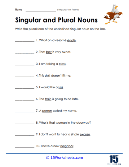 Practice sheet for changing nouns that end with s or es, image 18 Worksheet for converting singular nouns to plural nouns for second graders