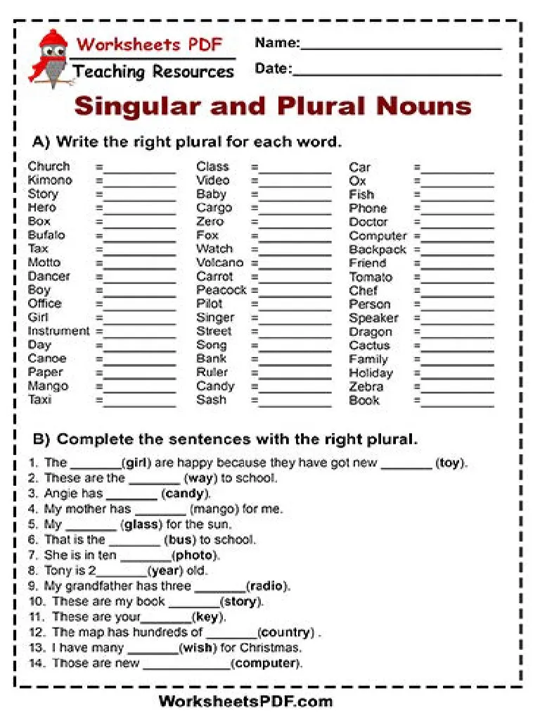 Singular and Plural Nouns Worksheet Activity Page 8 Second grade students practicing singular to plural noun conversions with s and es endings on a worksheet