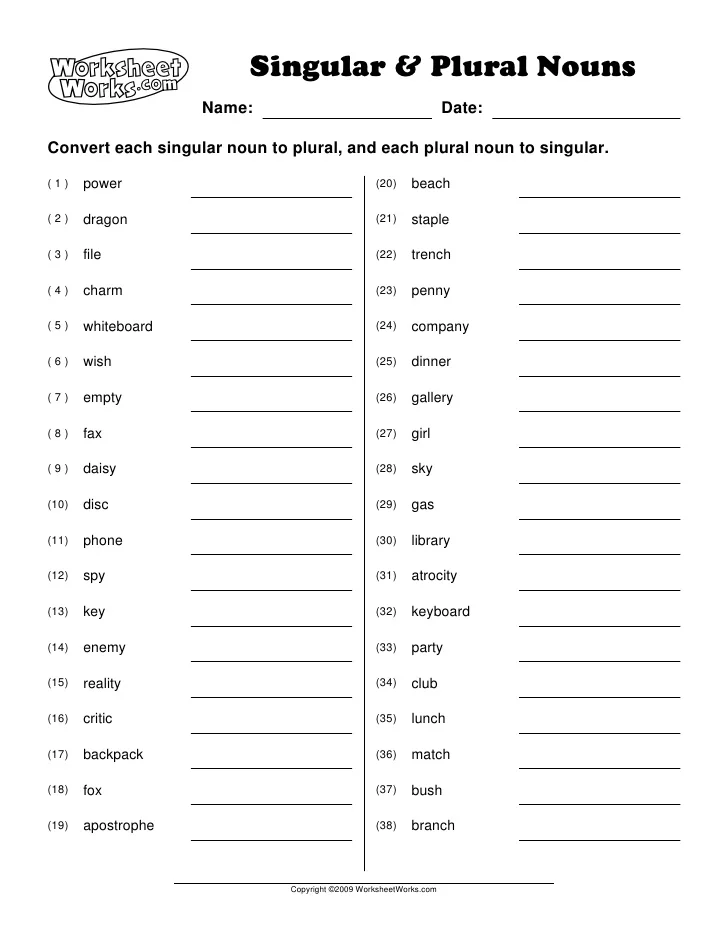 Singular to plural nouns practice worksheet for kids in second grade, image 24 Worksheet for converting singular nouns to plural nouns ending in s or es for second graders
