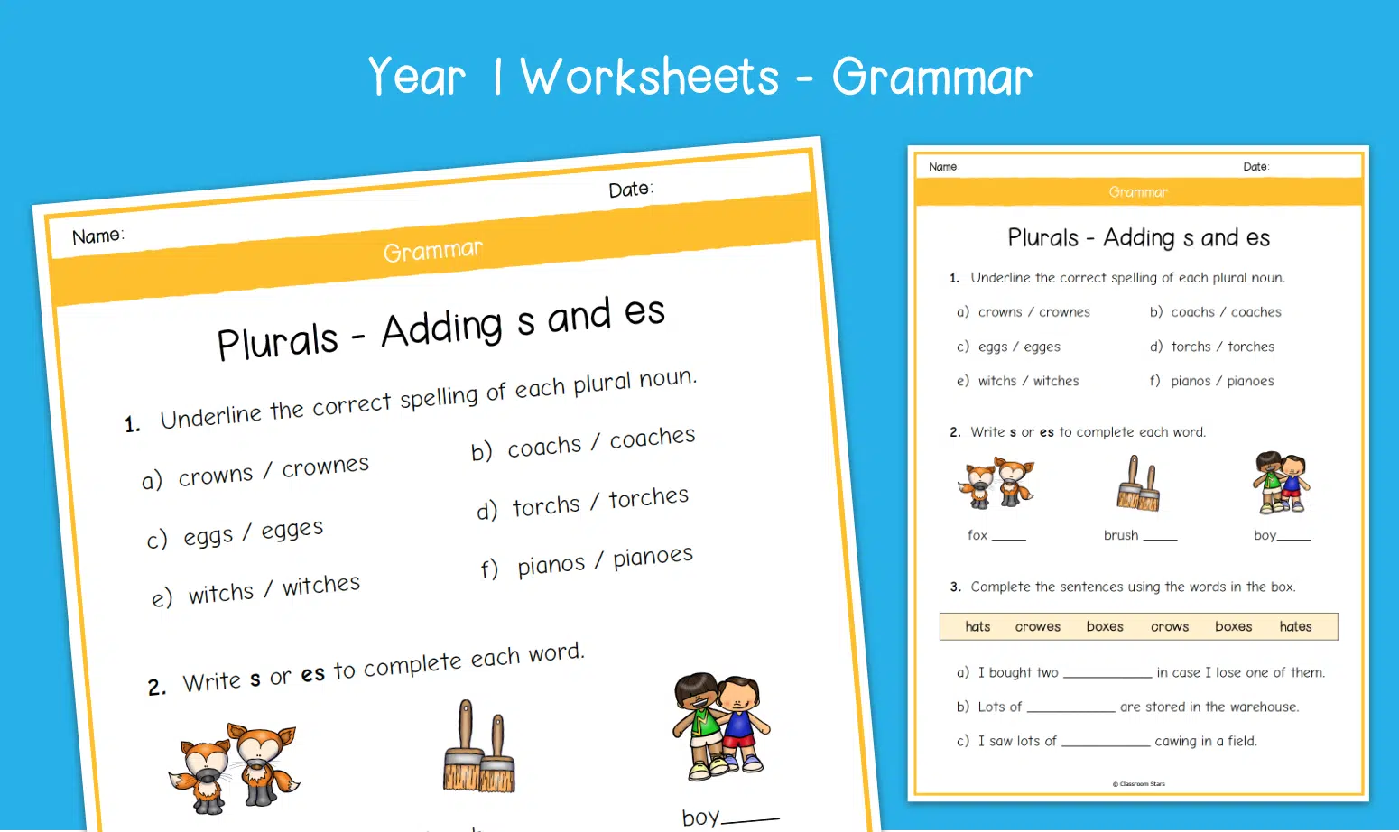 Second grade student completing a grammar worksheet on changing singular nouns to plurals by adding s or es