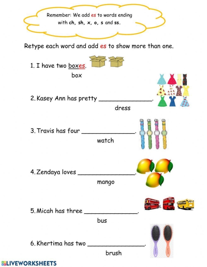 Second grade worksheet showing singular nouns with answer blanks for students to write the plural forms by adding s or es endings