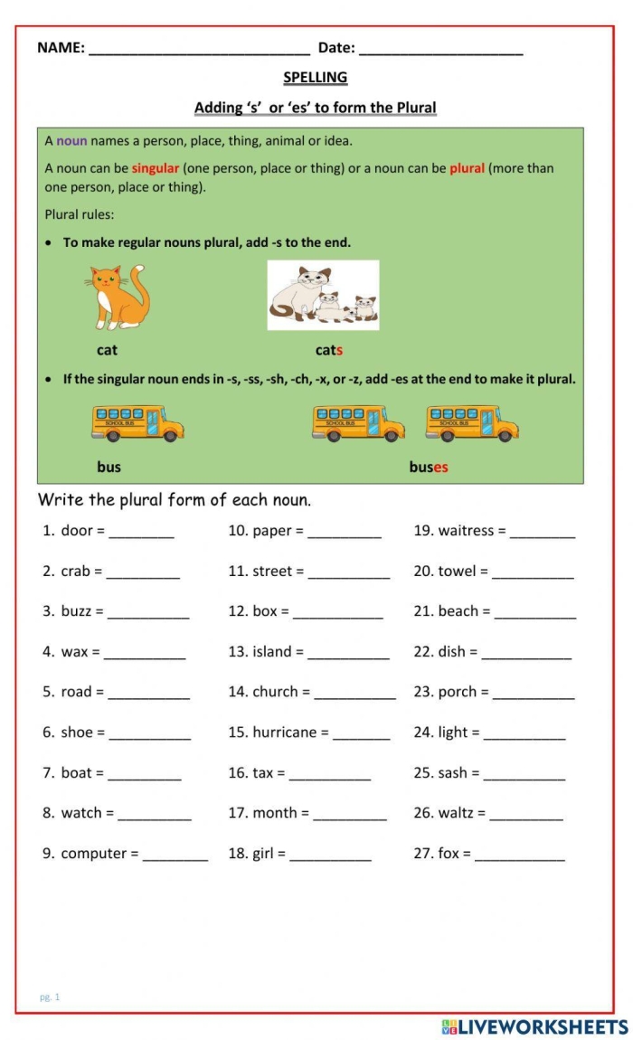 Second grade grammar worksheet showing singular nouns with spaces to write plural forms by adding s or es endings