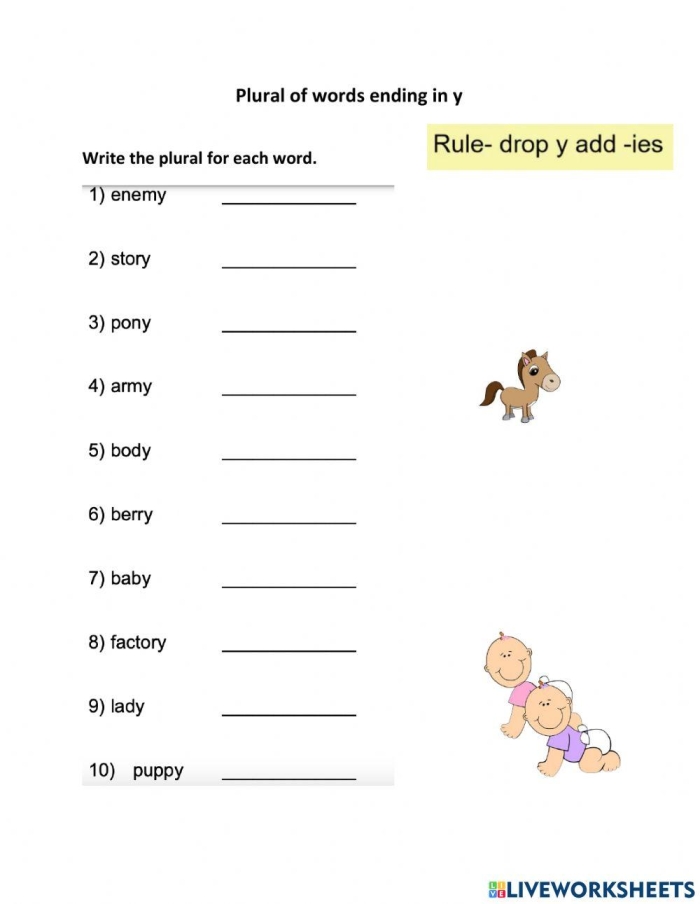Second grade grammar worksheet showing singular nouns ending in y being changed to plural forms with s or ies endings
