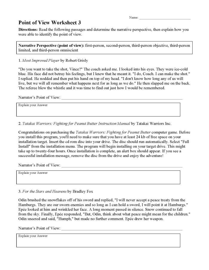 Colorful Point of View Practice worksheet for second graders focusing on identifying narrative perspectives