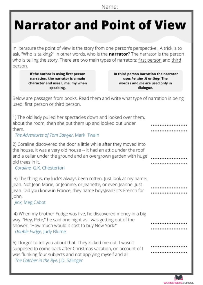Point of View Practice worksheet for second graders focusing on identifying narrative perspectives