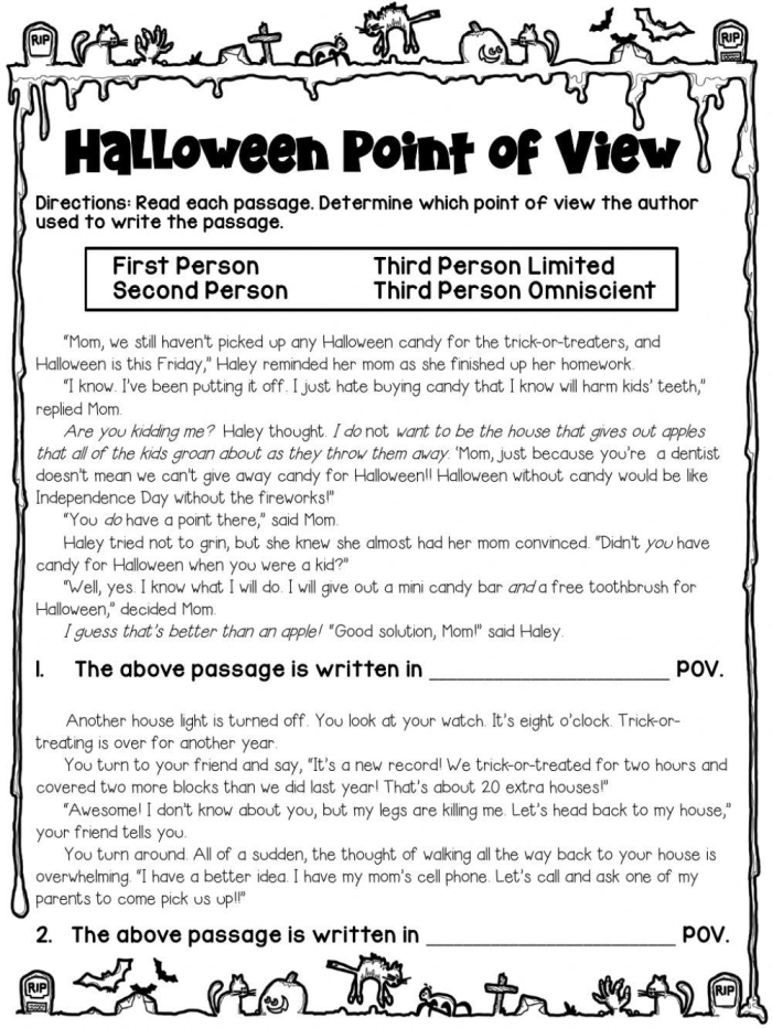 Second grade student completing a point of view practice worksheet for reading comprehension