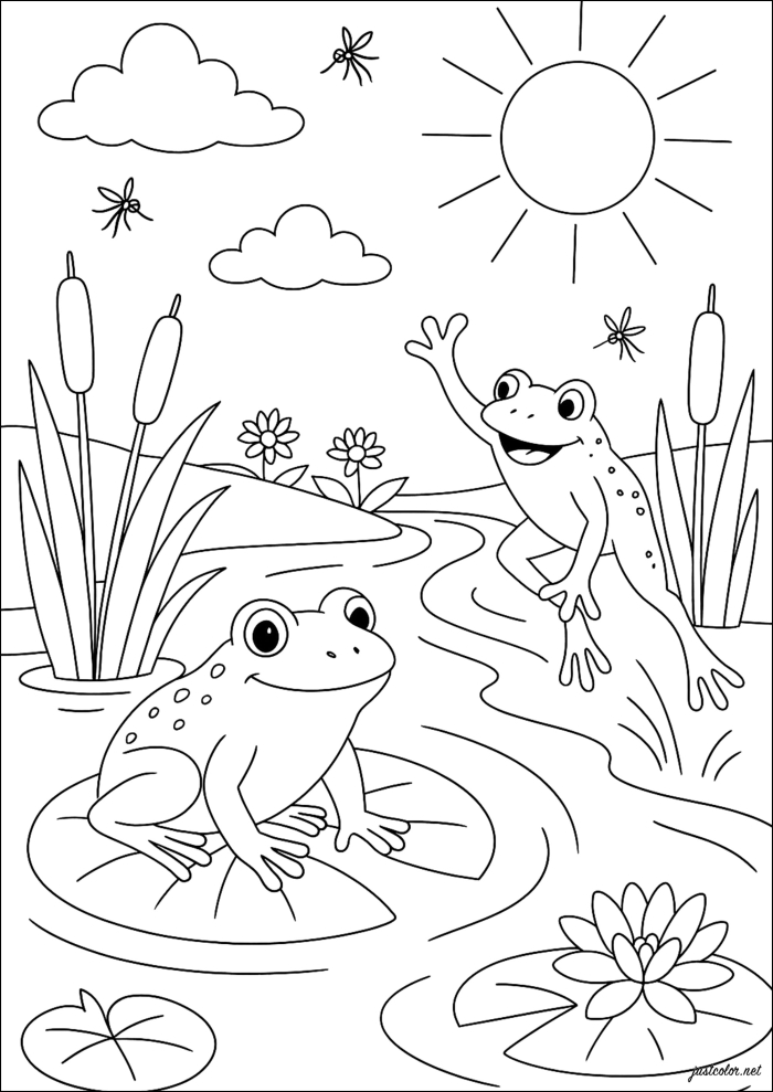 Coloring page featuring pond life animals like turtles, frogs, and butterflies in a mandala design