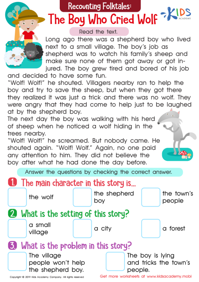 Worksheet featuring prediction and comprehension exercises for "The Boy Who Cried Wolf" fable