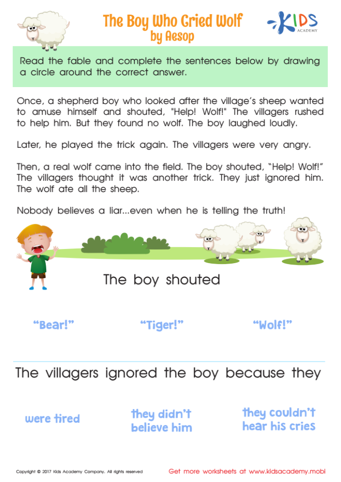 Worksheet for predicting and comprehending "The Boy Who Cried Wolf" for second graders