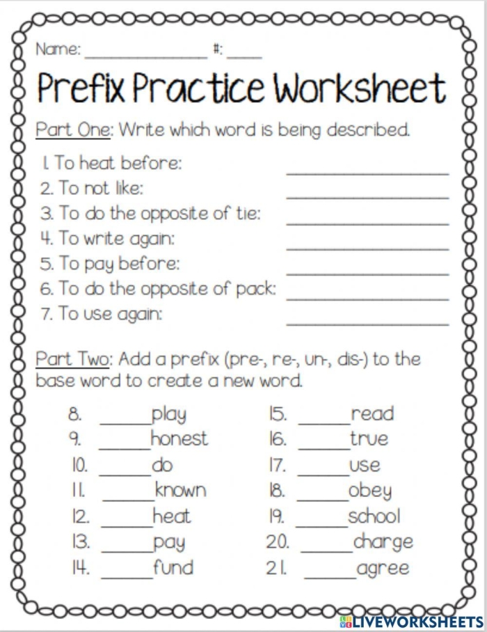 Perfect Prefixes Practice Worksheet Number 25 for Reading Lessons Second grade student working on a Perfect Prefixes Practice worksheet to identify base words and meanings