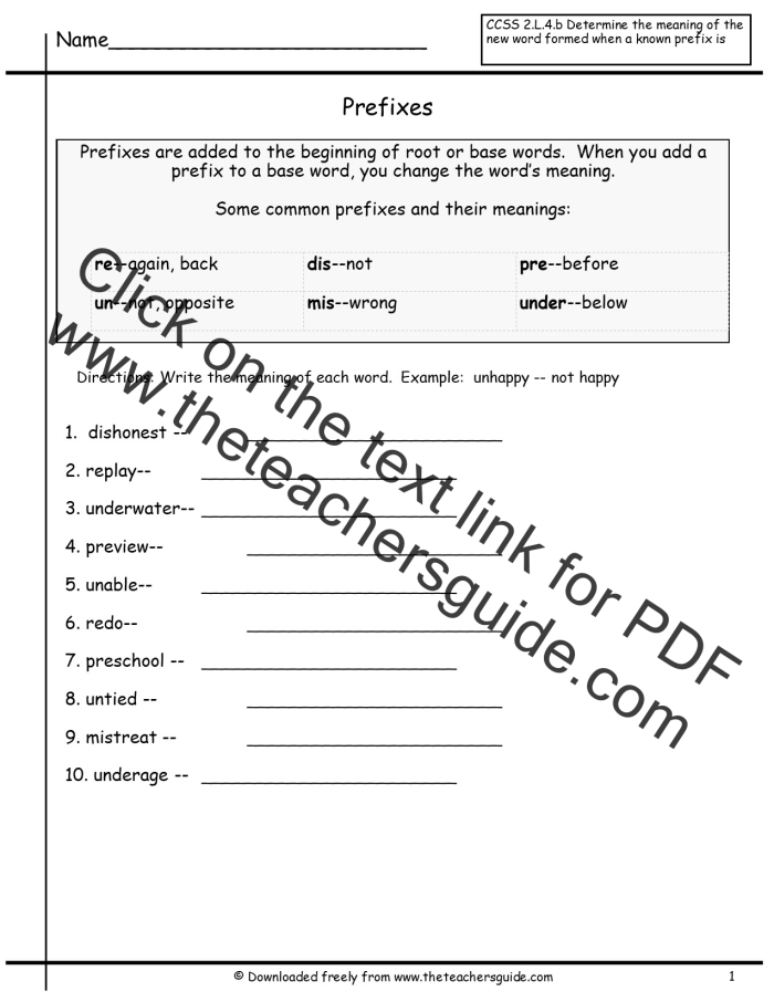 Second grade worksheet explaining the definition of prefixes for reading and grammar practice