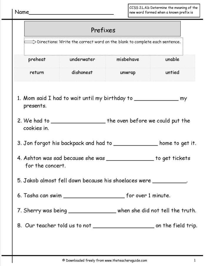 Second grade worksheet exercise showing prefix examples and practice questions for improving reading comprehension and grammar skills