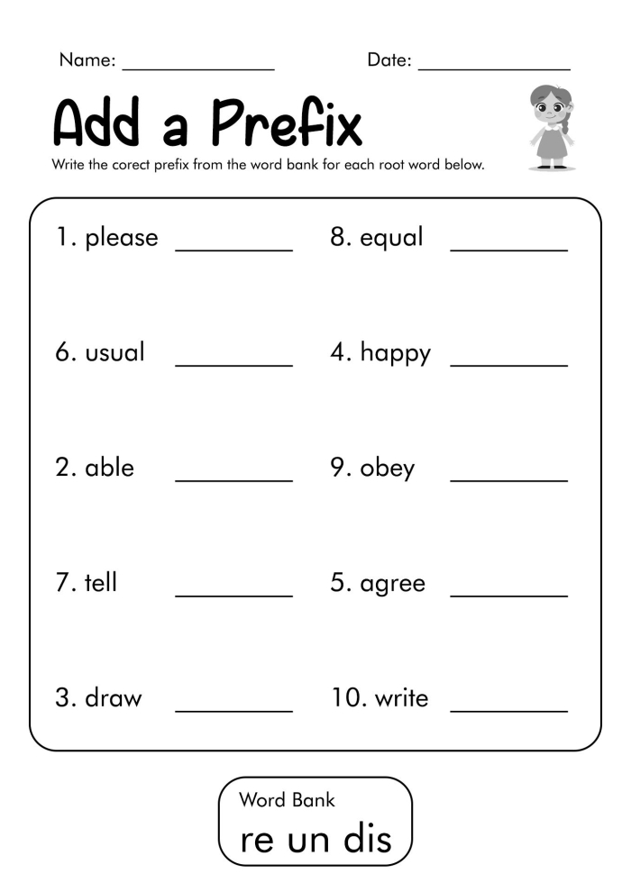 Second grade worksheet showing prefix examples and exercises to help students understand word beginnings and improve reading comprehension