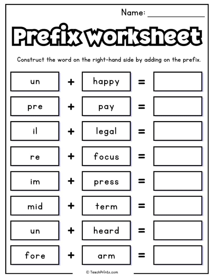 Second grade worksheet exercise showing prefix examples and practice activities to help students understand word prefixes and improve reading comprehension