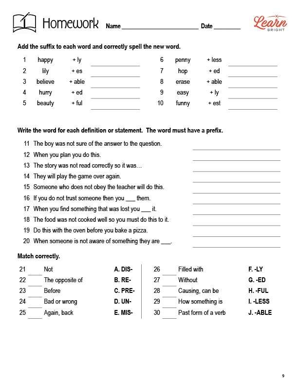 Prefix Suffix and Root Words Grammar Activity for 2nd Grade Worksheet 14 Second grade worksheet illustrating how to combine prefixes and suffixes with root words to expand vocabulary