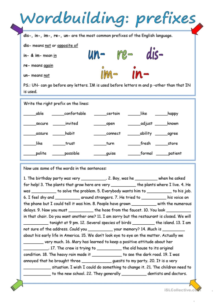 Second grade student completing a worksheet on how prefixes change word meanings