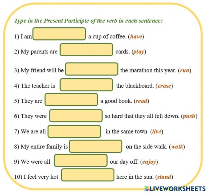 Second grade students practicing present participle verbs on a surprise party themed worksheet