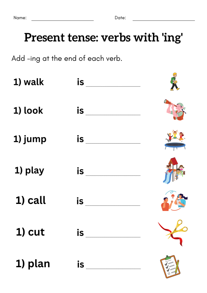 Verbs with ing worksheet exercise 2 for second grade phonics Child completing sentences by adding ing to action verbs for present progressive tense practice