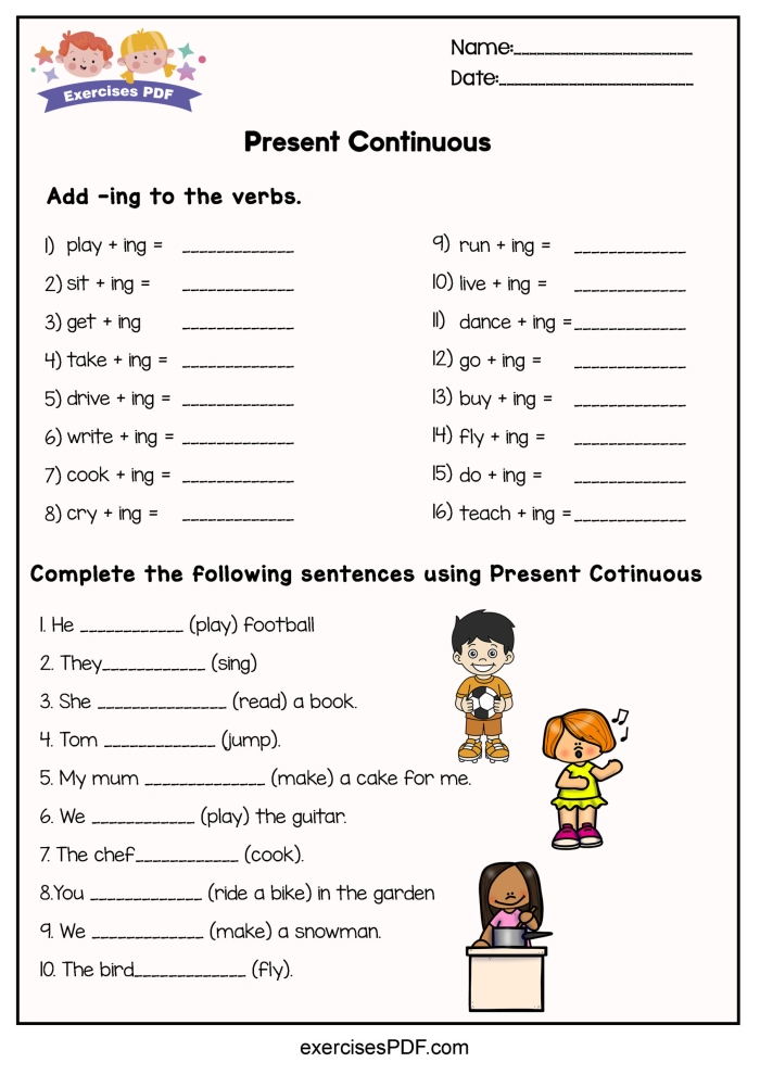 Verbs with ing worksheet exercise 9 for teaching ongoing actions to young learners Second grade student completing sentences by adding ing to action verbs for present progressive tense practice