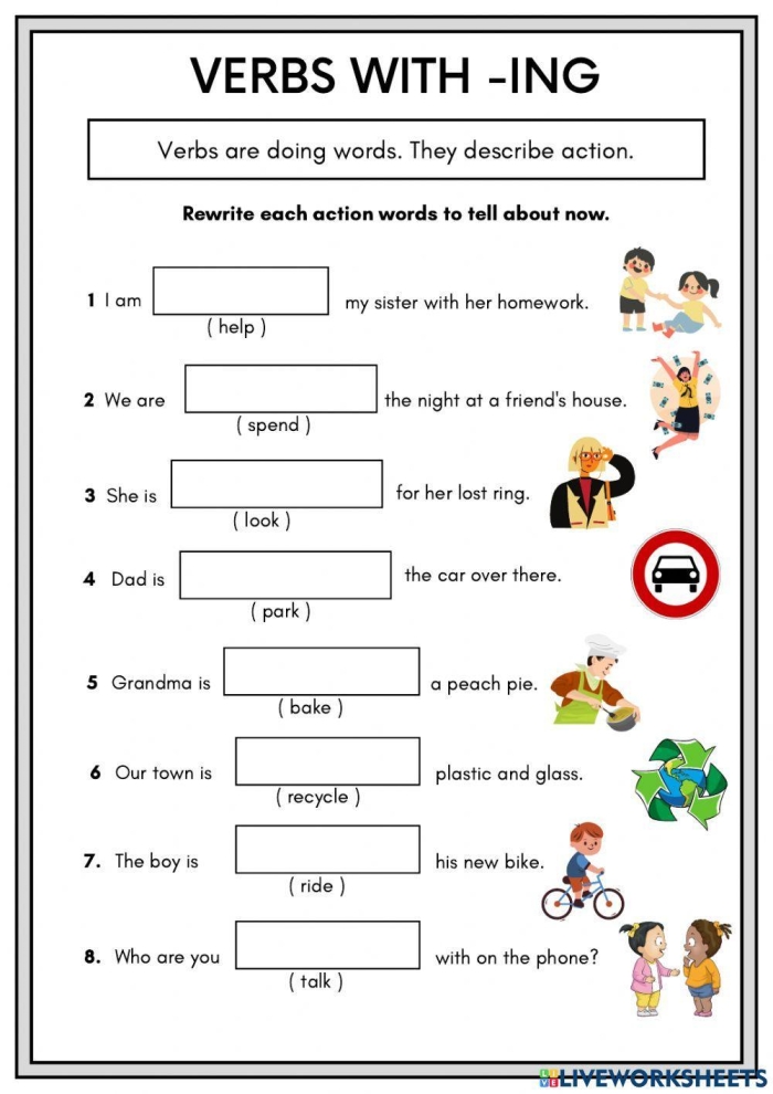 Verbs with -ing Worksheet Exercise 3: Present Progressive Tense Sentence Completion Activity Child completing sentences by adding -ing to action verbs for present progressive tense practice in second grade phonics