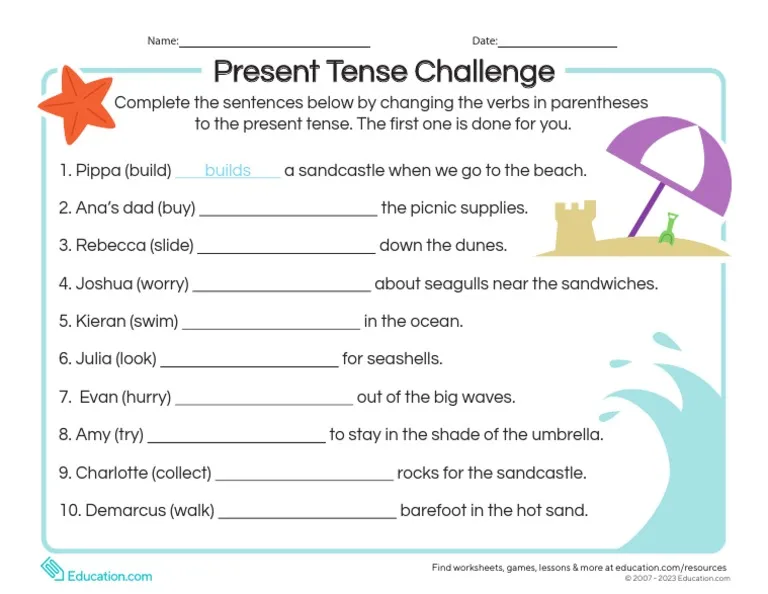 Second grade student completing a Present Tense Challenge worksheet with verb ending exercises
