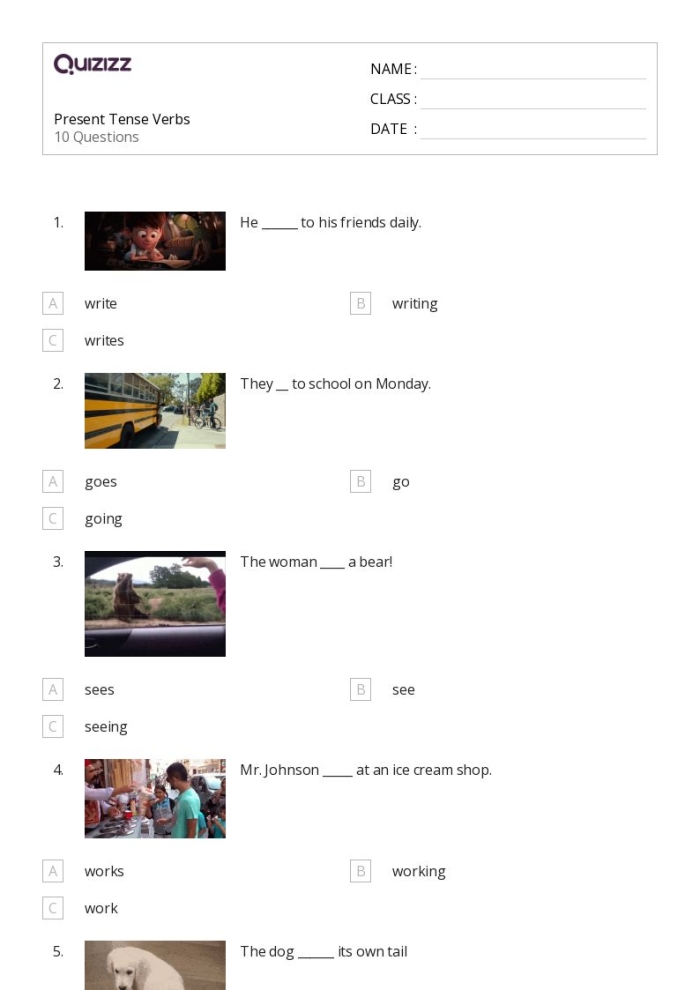 Worksheet for practicing present tense verbs ending in Y for second grade students