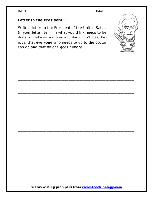 A second grade student's fill-in-the-blanks letter template addressed to the President of the United States