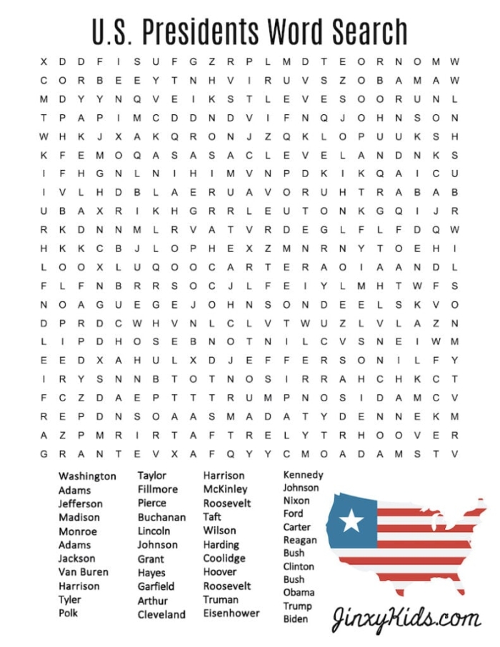 Second grade students solving a presidential word search puzzle with election-themed vocabulary words hidden in a grid