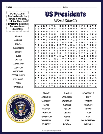 Second grade student completing an election-themed presidential word search worksheet