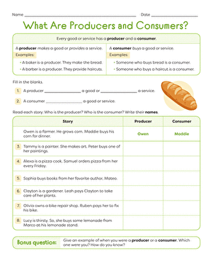 Worksheet illustrating the roles of producers and consumers for second-grade students