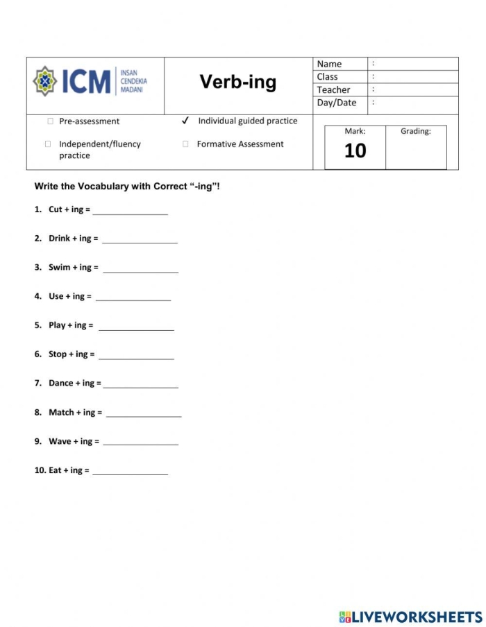 Verbs with -ing Worksheet Image 4: Present Progressive Tense Practice Activities Child completing sentences by adding -ing to action verbs for present progressive tense practice in second grade phonics lesson