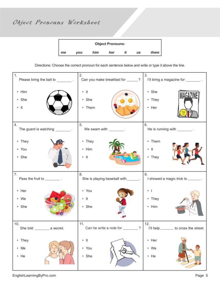 Second grade student completing a grammar worksheet about choosing between subject and object pronouns