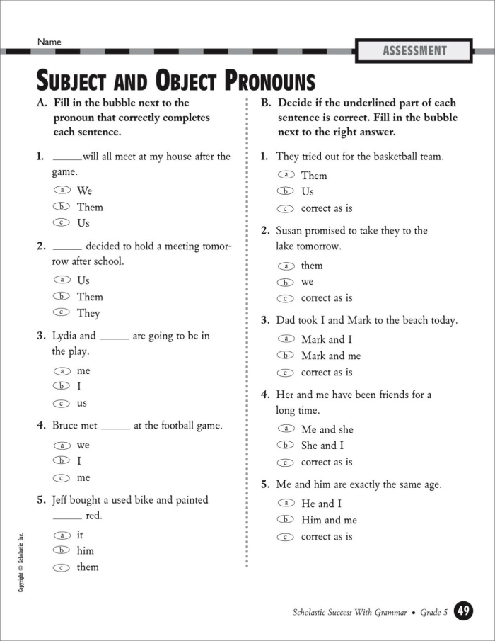 Second grade worksheet showing pronoun exercises where students select subject and object pronouns to complete sentences correctly