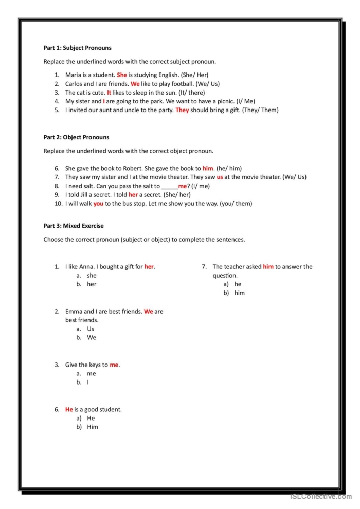 Second grade worksheet exercise showing sentences with blanks where students select the correct subject or object pronoun to complete each sentence