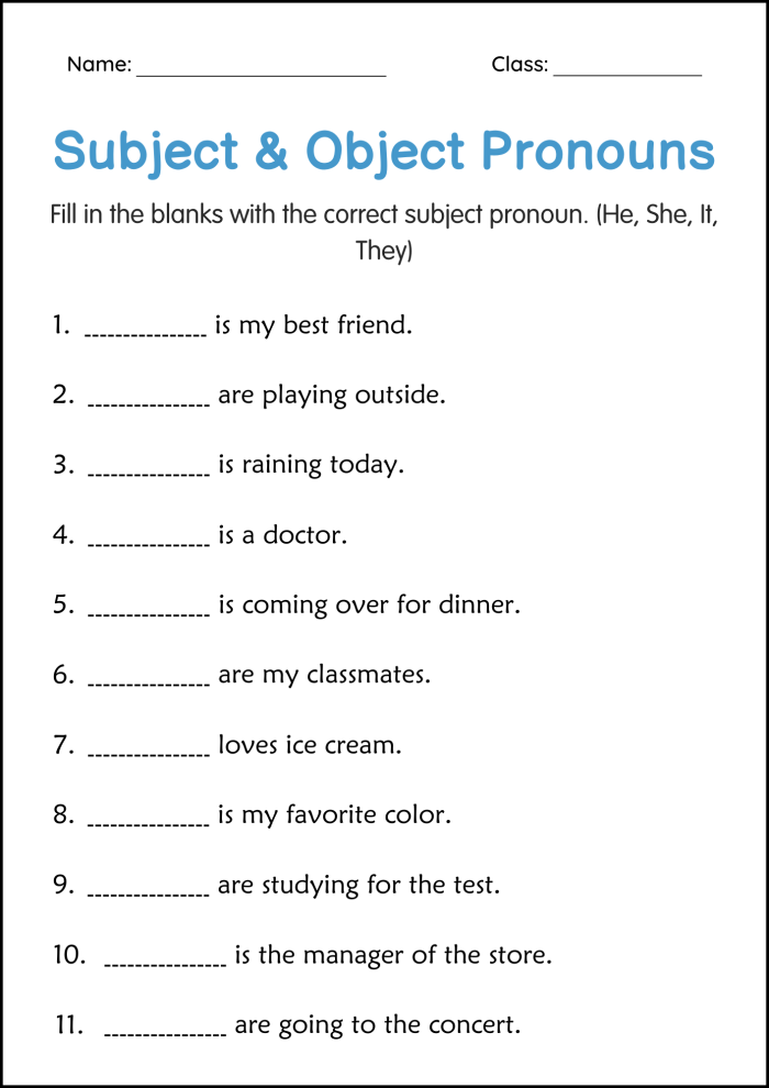 Second grade subject and object pronouns worksheet with fill-in-the-blank sentences for students to practice selecting the correct pronoun