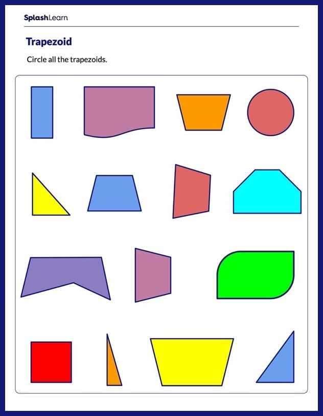 Second grade students identifying and coloring various quadrilaterals and trapezoids on a geometry worksheet