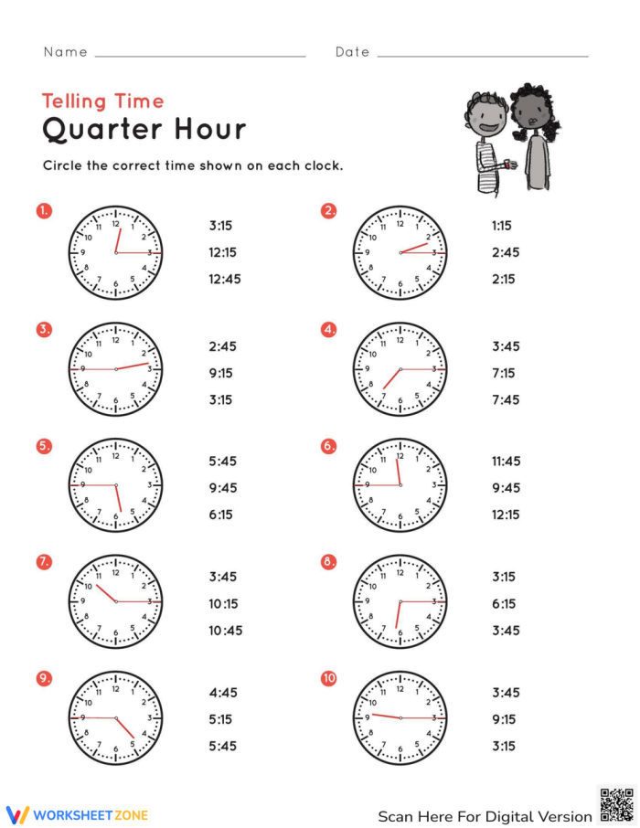 Worksheet featuring learners telling time to the quarter hour using analog clocks